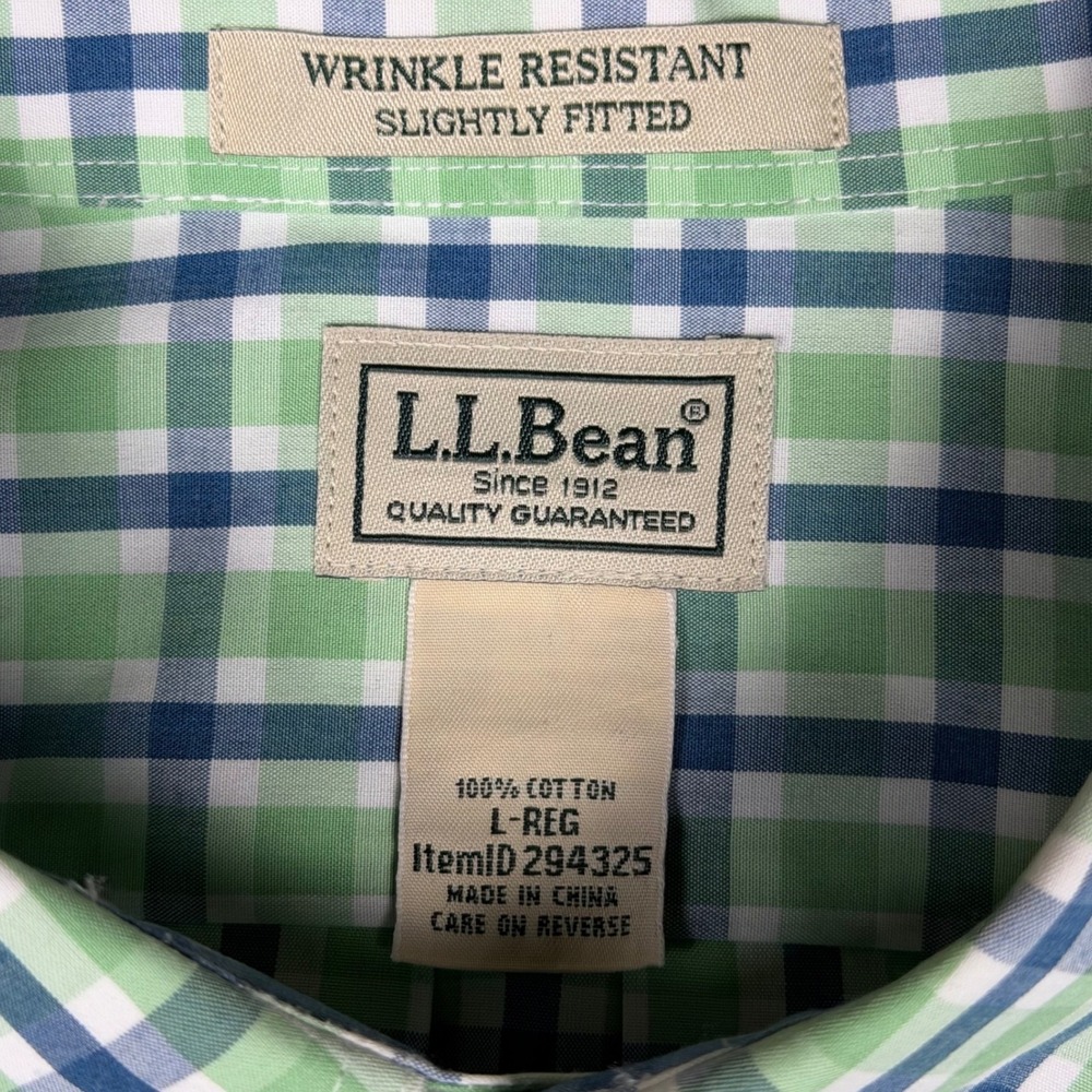 L.L.Bean Mens Large Green Blue Plaid Wrinkle Resistant Button Down Shirt - Picture 3 of 7